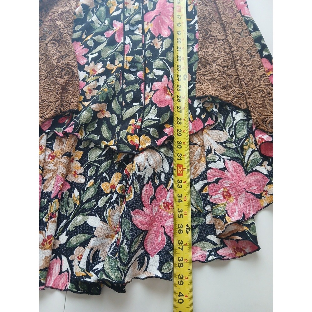 Zadie B's Floral Tunic Top High Low Button Front Brown Lace Modest Boho Shirt S - Picture 10 of 10